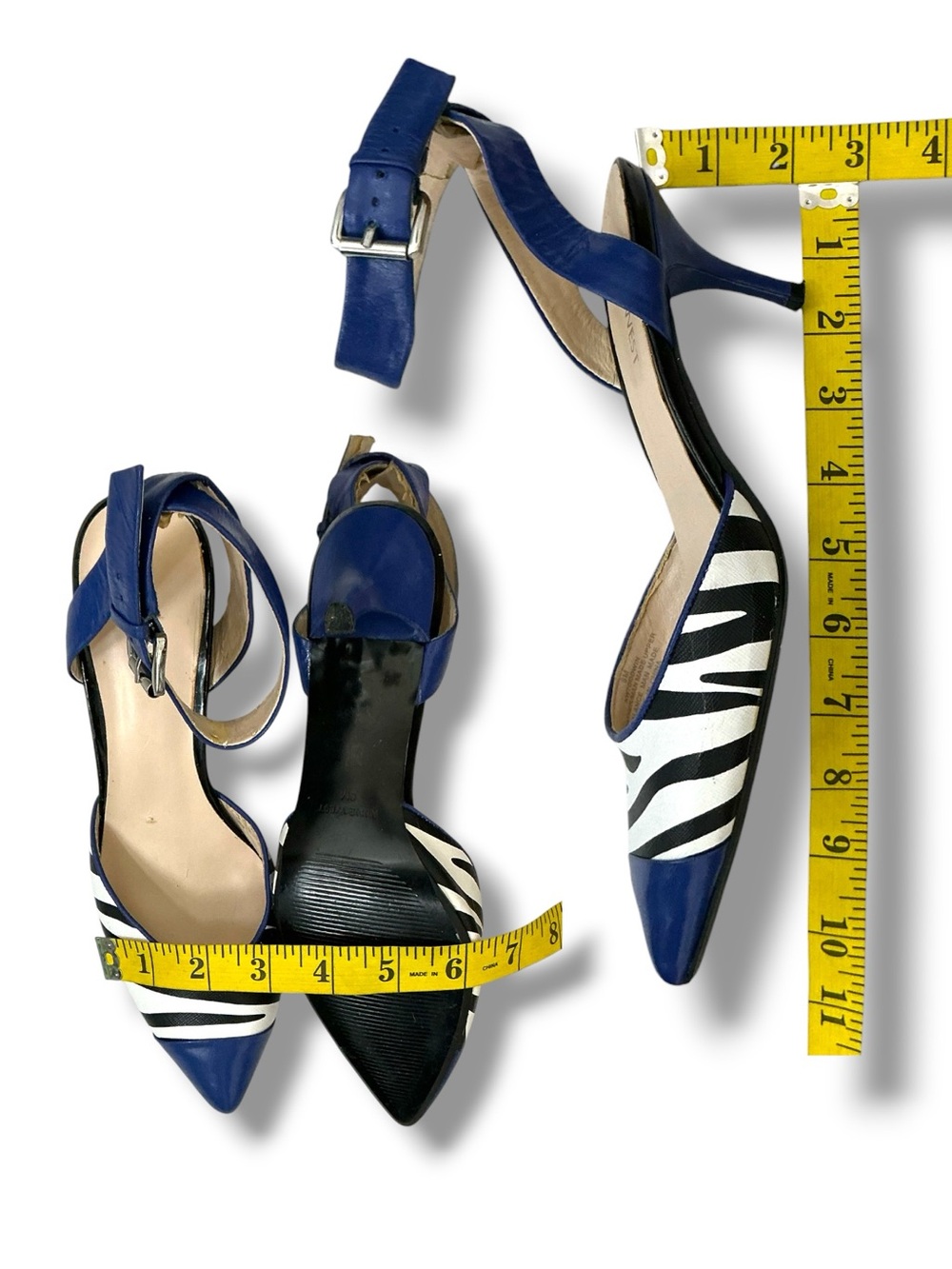 Nine West Zebra Print Pointed Toe Ankle Strap Pump 2” Kitten Heel Blue Black 6 - Picture 10 of 16
